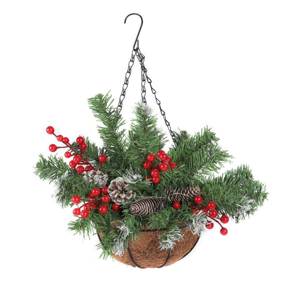 Living and Home Artificial Christmas Hanging Basket with Frosted Pine Cone