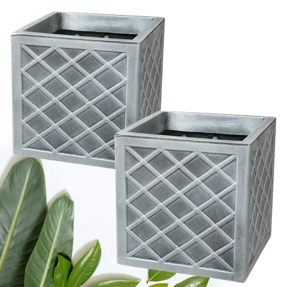 image 1 of 2 x Small Garden Lazio Square Planter Plastic Pot Summer Outdoor Garden Boxes For Home & Office Grey
