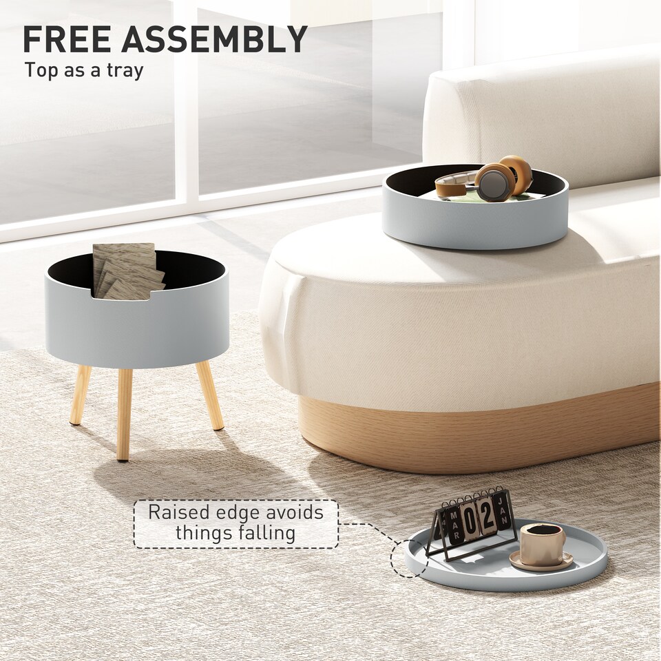 image 1 of HOMCOM 3-Tier Coffee Table, Round End Table with 2 Hidden Compartments and Detachable Tray, Side Table with Storage for Living Room, Grey | Grey
