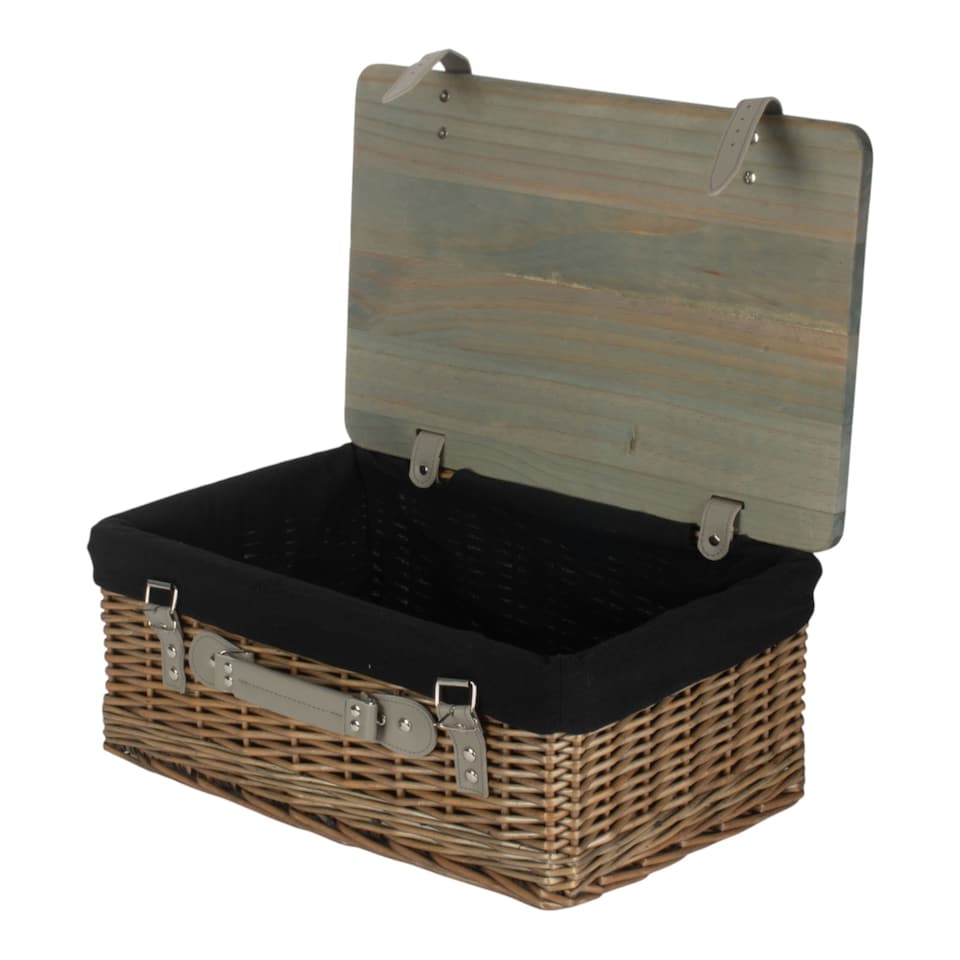 image 1 of 51cm Antique Wash Black Lined Willow Empty Picnic Basket with Pinewood Lid | Brown | Brown | XL | 1