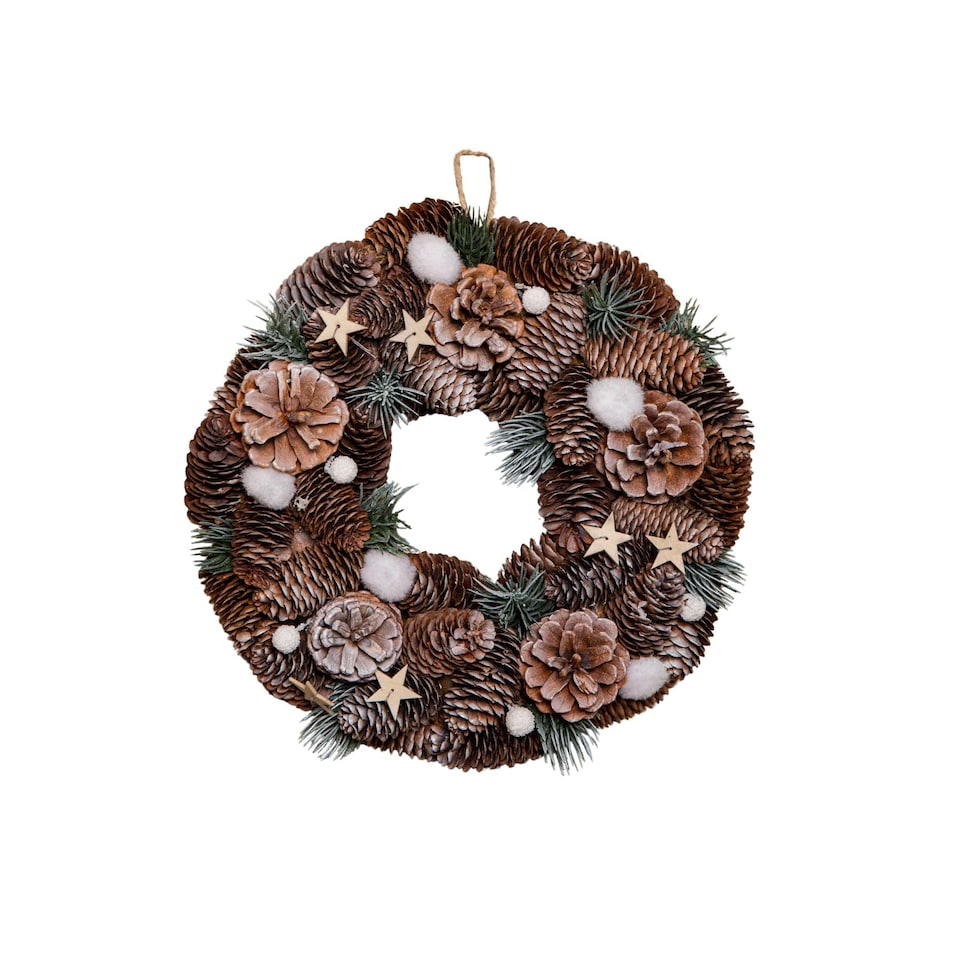 image 1 of 30cm Frosted Hanging Christmas Wreath with Pine Cones & Wooden Stars