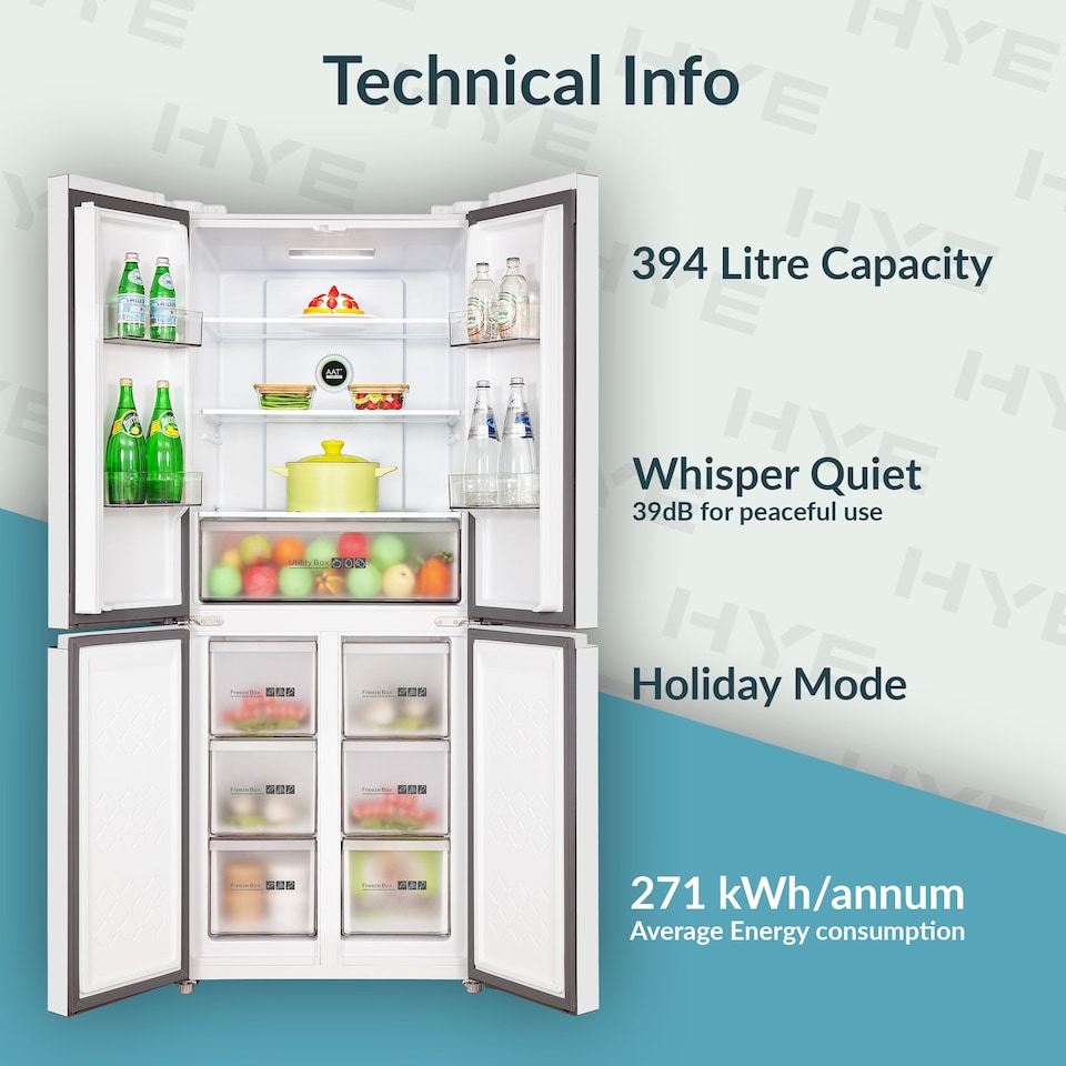 image 1 of HYE 394 Litre No Frost Cross Door American Fridge Freezer, 70cm, White - RF01AMCD394W07