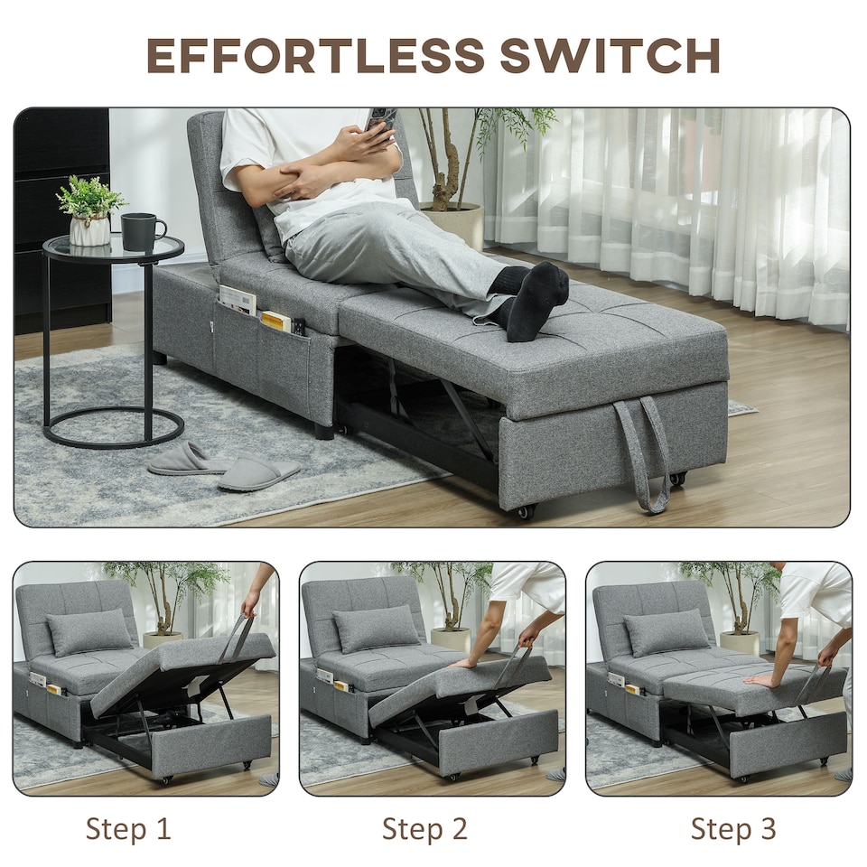image 1 of HOMCOM 4-in-1 Sofa Bed, Convertible Sleeper Chair Bed with Adjustable Backrest, Fabric Pull Out Chaise Lounge with Pockets for Living Room, Bedroom, Home Office, Small Space, Light Grey | Grey | Light Grey