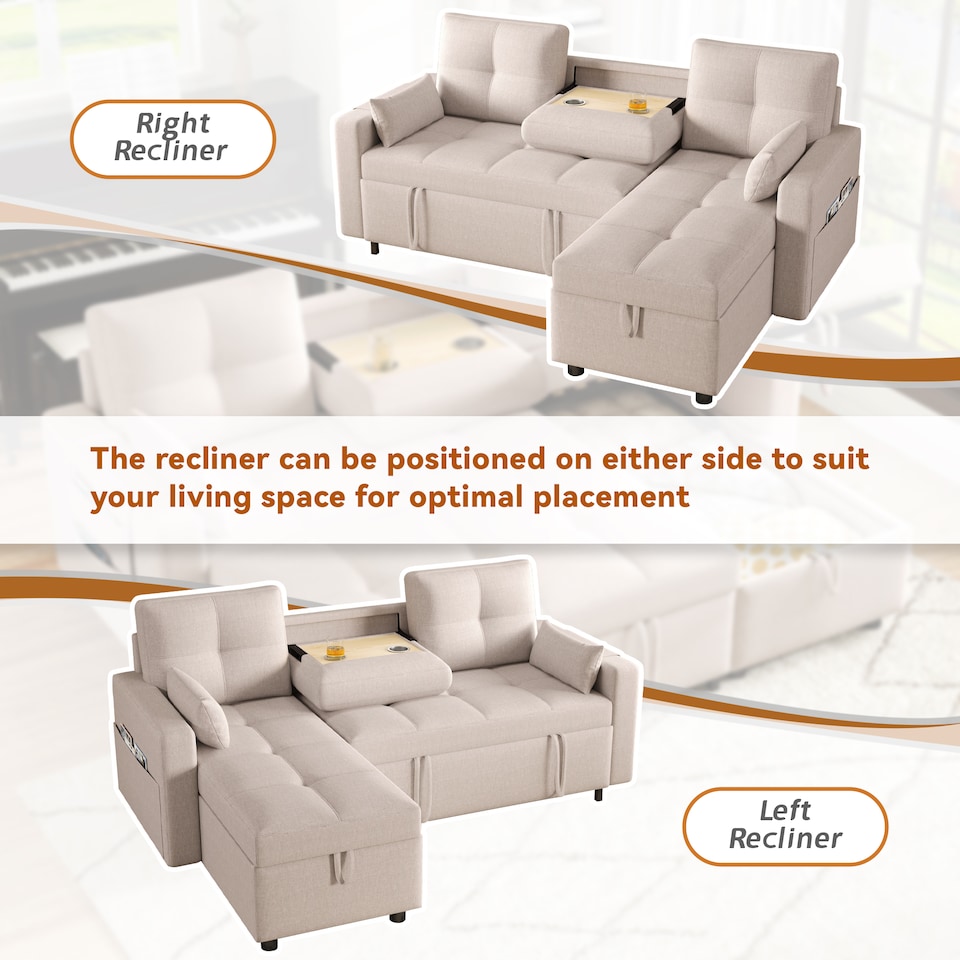 image 1 of FENCHILIN Sofa Bed with Pull-Out Sleeper Reversible Chaise Drop-Down Cup Holder Side Pockets Beige