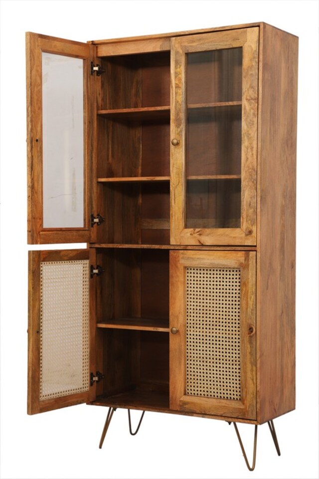 image 1 of Nyack Almiraha Cabinet - Mango Wood/Iron - L45 x W86 x H185 cm - Light Brown with Natural Rattan - Assembly Required