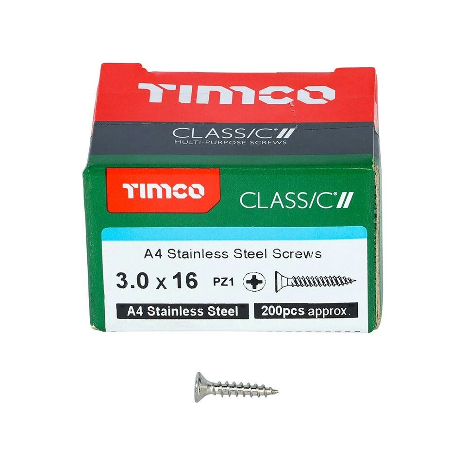 image 1 of Timco - Classic Multi-Purpose Screws - PZ - Double Countersunk - A4 Stainless Steel (Size 3.0 x 16 - 200 Pieces)