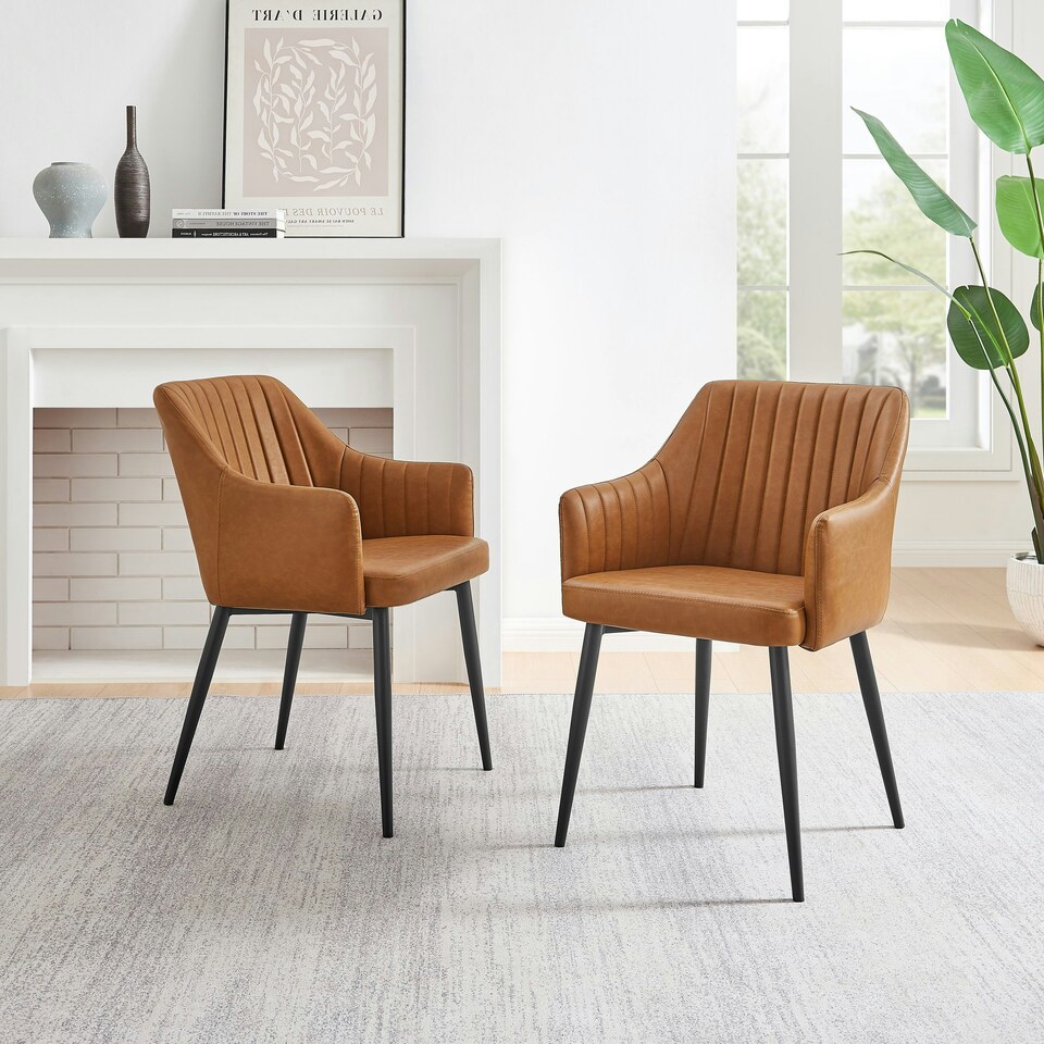 image 1 of Furniturebox Calla 2x Tan Faux Leather Black Leg Dining Chair
