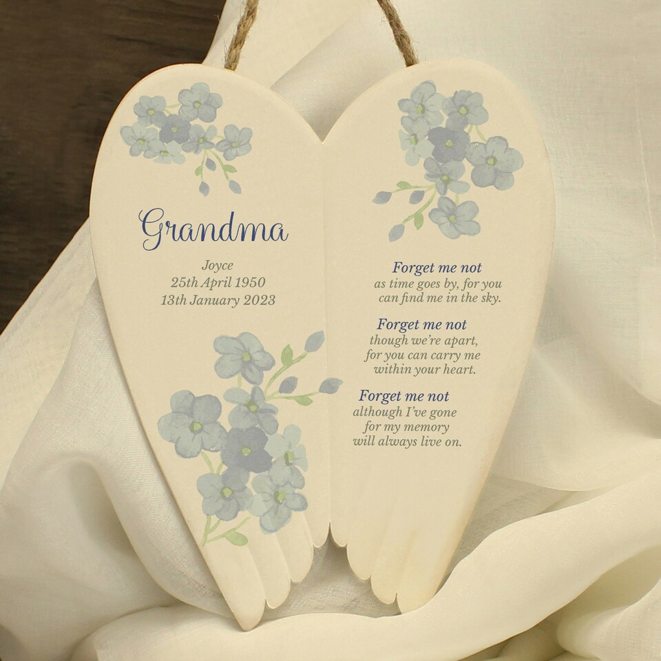image 1 of Personalised Forget Me Not Memorial Ceramic Wings