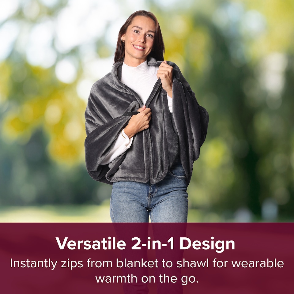 image 1 of Sash & Bloom 2-in-1 Heated Shawl & Blanket with Rechargeable Battery Pack Charcoal