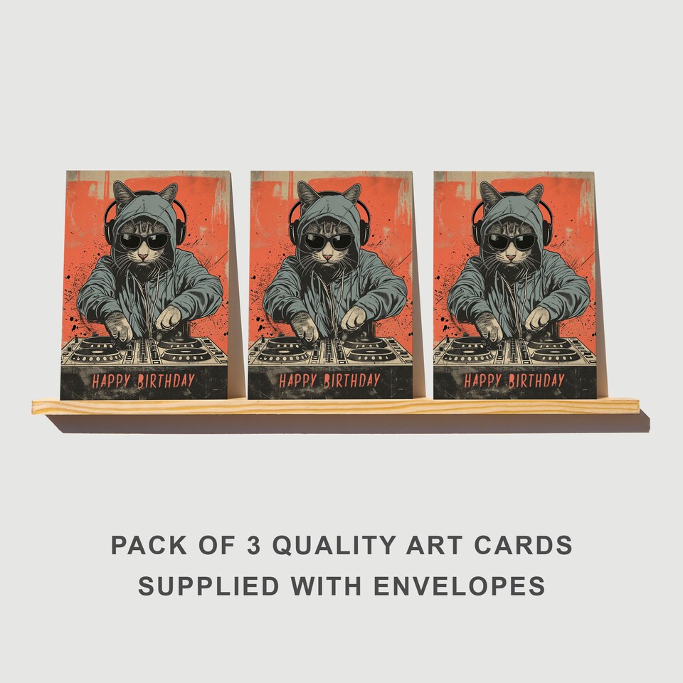 image 1 of DJ Cat Hoodie Birthday Card Cool Sunglasses Set of 3 Greeting Cards Blank Inside