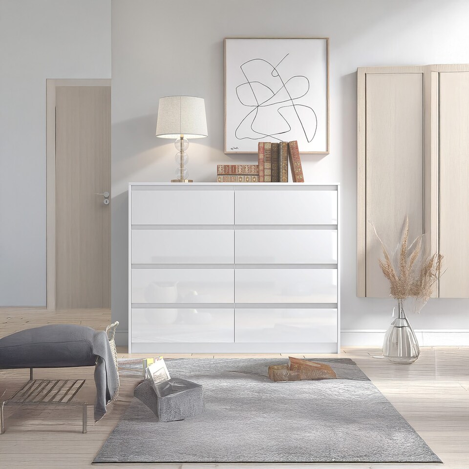image 1 of LUXURY White 8 Drawer High Gloss Chest of Drawers - Handleless Sleek Design
