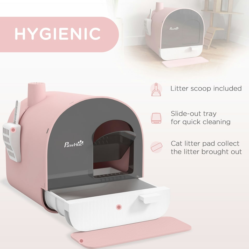 image 1 of PawHut Cat Litter Box Kitten Litter Tray w/ Lid, Scoop, Filter, Flap Door, Pink