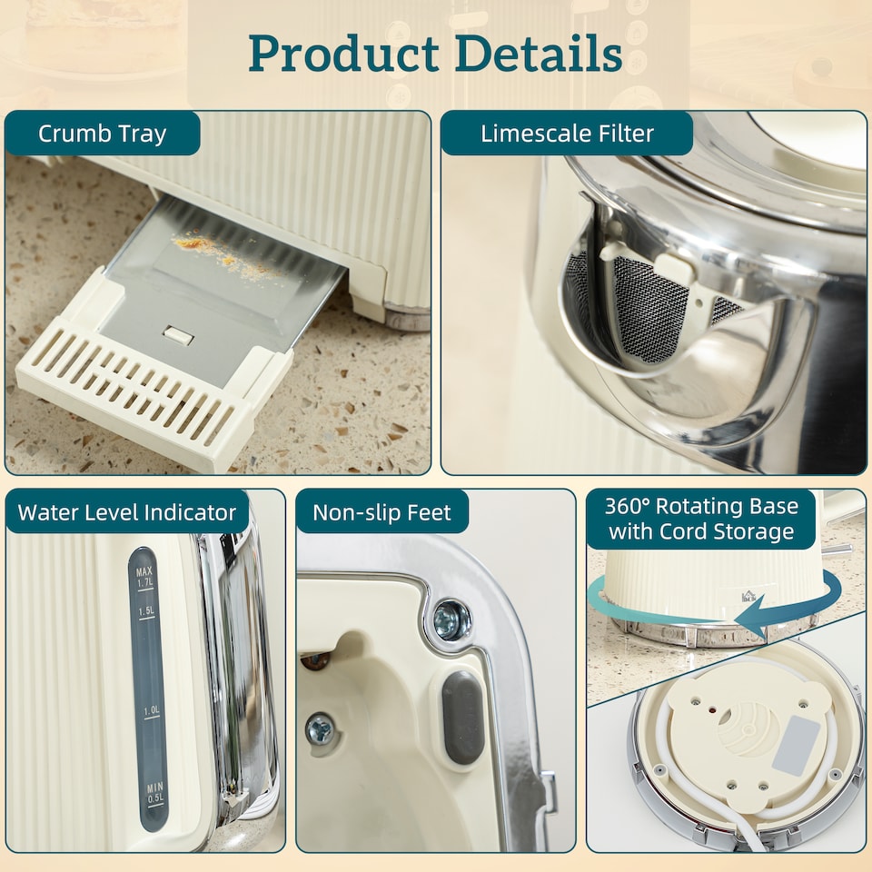 image 1 of HOMCOM Electric Stainless Steel Kettle and Toaster Set, 3000W 1.7L UK Strix Thermostat Fast Boil Kettle w Limescale Filter, Cool Touch Body, 4 Slice Toaster with 7 Browning Levels, Crumb Tray, Cream