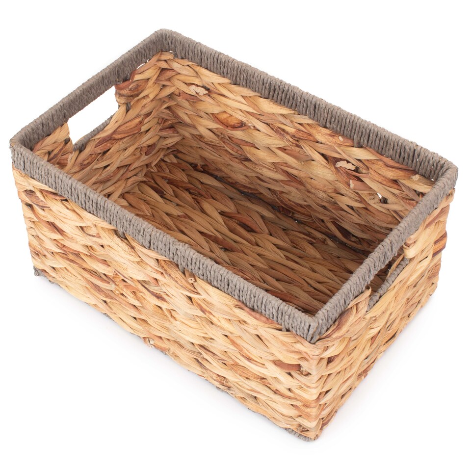 image 1 of Small Water Hyacinth With Grey Rope Border Rectangular Storage Basket | Brown | Brown