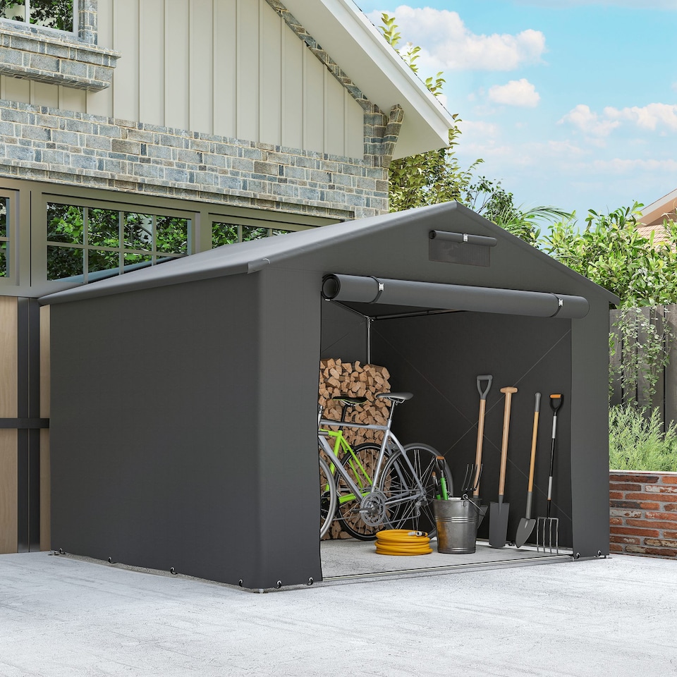 image 1 of Outsunny 8 x 6 ft Outdoor Garden Storage Shed, Waterproof Bike Tent with Vent and Roll-Up Zipper Door,Outdoor Portable Shed Storage Shelter  for Bikes, Dark Grey