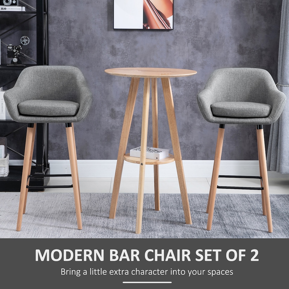 image 1 of HOMCOM Set of 2 Bar Stools Modern Upholstered Seat Bar Chairs with Metal Frame, Solid Wood Legs Living Room Dining Room Fabric Furniture - Grey