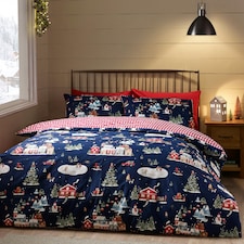 Catherine Lansfield Christmas Ski Village Reversible Duvet Cover Set Navy Blue Blue | Navy Blue | Super King