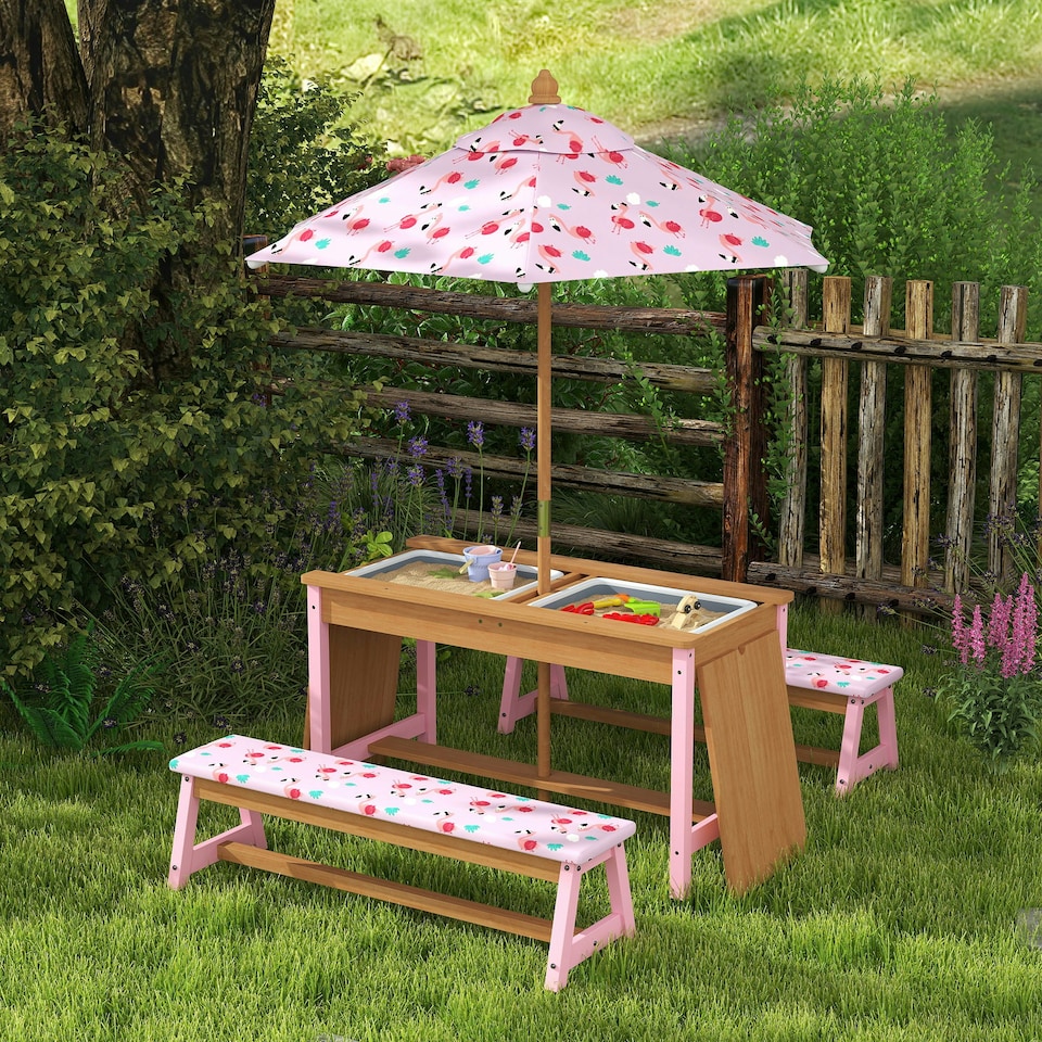 image 1 of AIYAPLAY Kids Picnic Table, Wooden Children Garden Table and Bench Set, Pink Pink
