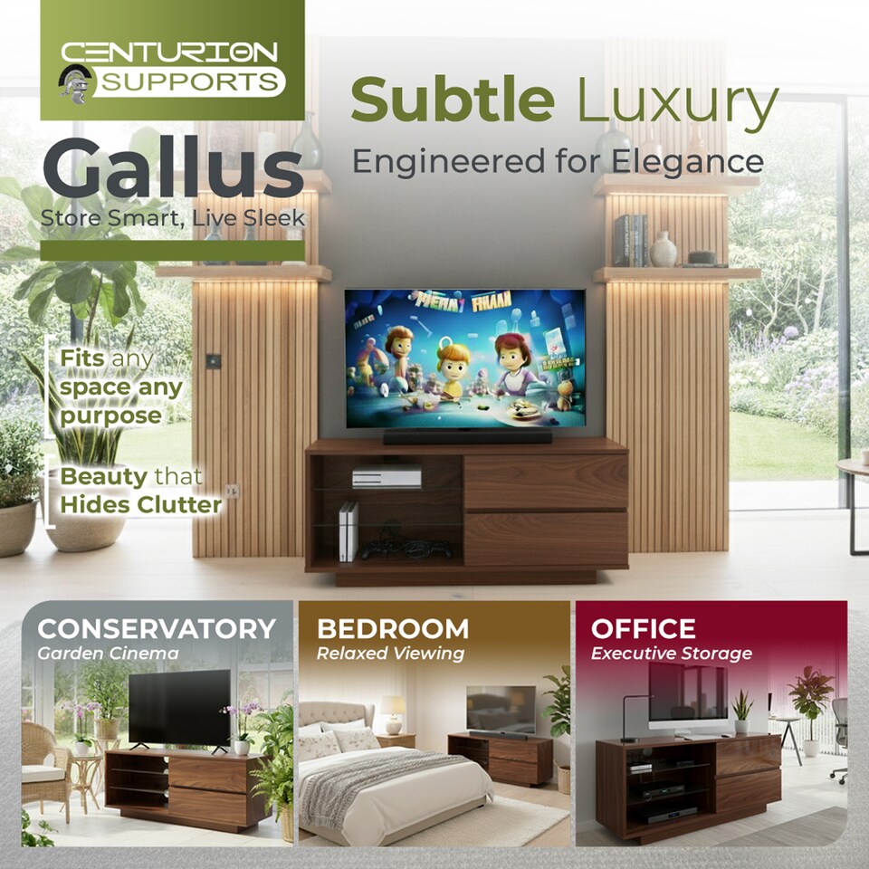 image 1 of Centurion Supports Gallus Premium Walnut with 2-Walnut Drawers and 3-Shelves 32"-55" LED/OLED/LCD TV Cabinet | Brown | 1