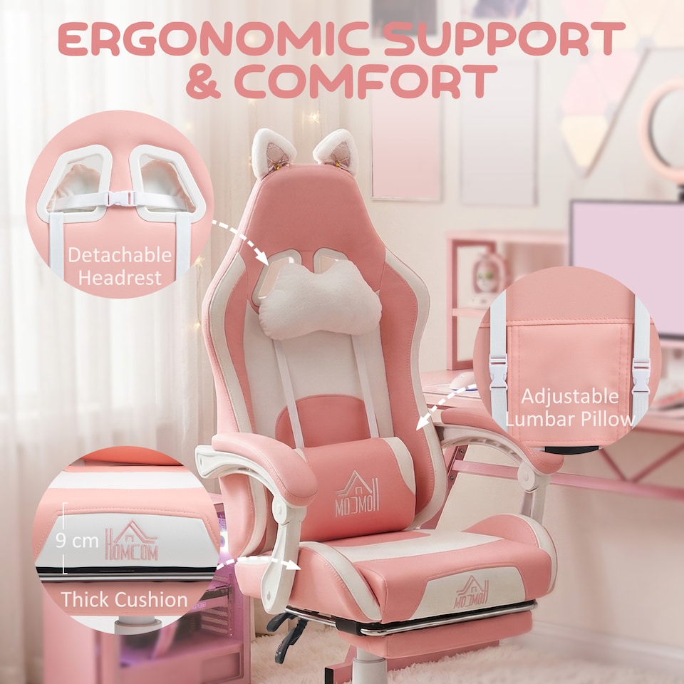 image 1 of HOMCOM Gaming Chair with Footrest, Reclining Computer Chair, Pink
