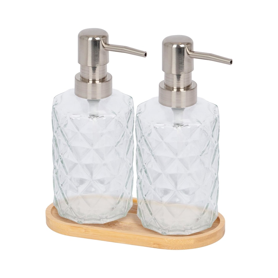 image 1 of Harbour Housewares 2pc Prism Glass Soap Dispenser Set with Bamboo Tray - 330ml Refillable Pump Bottles for Kitchen & Bathroom