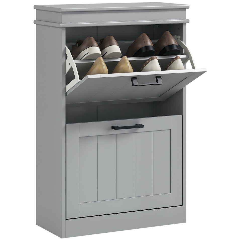 image 1 of HOMCOM Slim Shoe Storage Cabinet with 2 Flip Drawers for Entryway, Grey | Grey