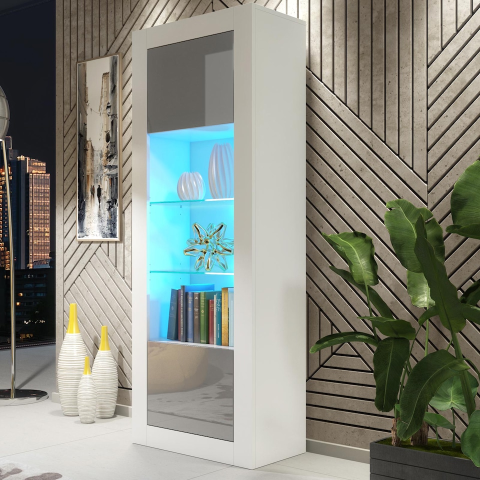 image 1 of Display Cabinet Bookcase Sideboard Storage Cabinet Cupboard Grey High Gloss LED 170cm