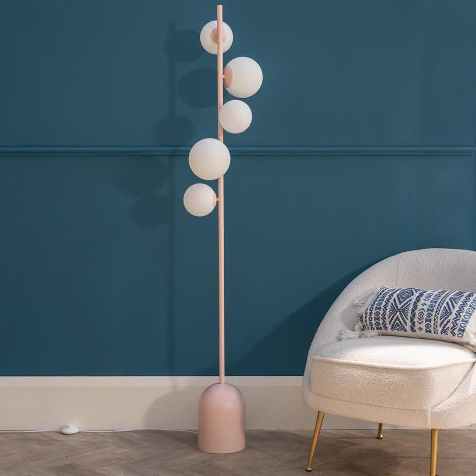 image 1 of ValueLights Marlow Blush Pink Metal 5 Way Standing Floor Lamp with Glass Globe Lampshades & Bulbs | Pink