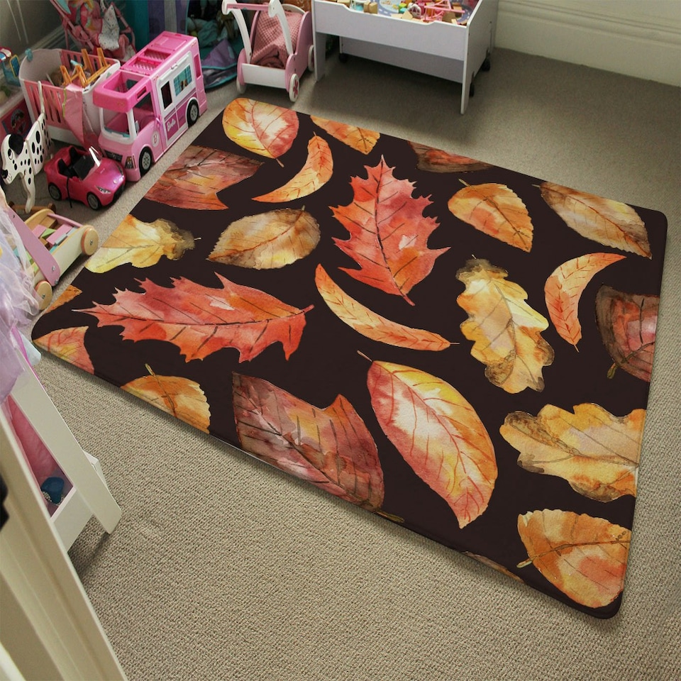 image 1 of Autumn Leaves on Black (Rug) Orange | Small: 60x110cm