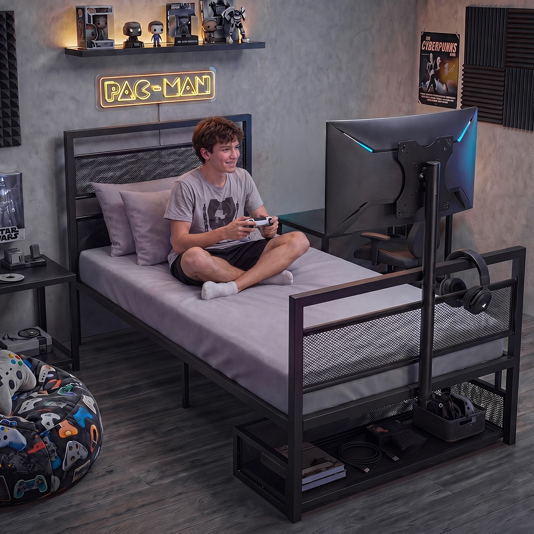 Levede Single Bed Frame Gaming Bed TV Bed 360° Rotating Mount Metal Black