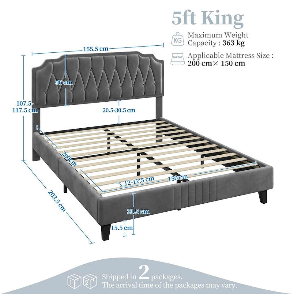 image 1 of Yaheetech 5ft King Upholstered Bed Frame with Button-Tufted Headboard Dark Grey