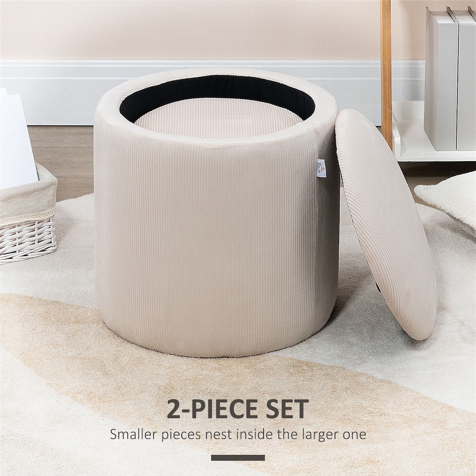 image 1 of HOMCOM Set of 2 Round Ottoman with Storage, Fabric Vanity Stool for Makeup, Footrest Stool with Removable Lid for Living Room & Bedroom, Cream White