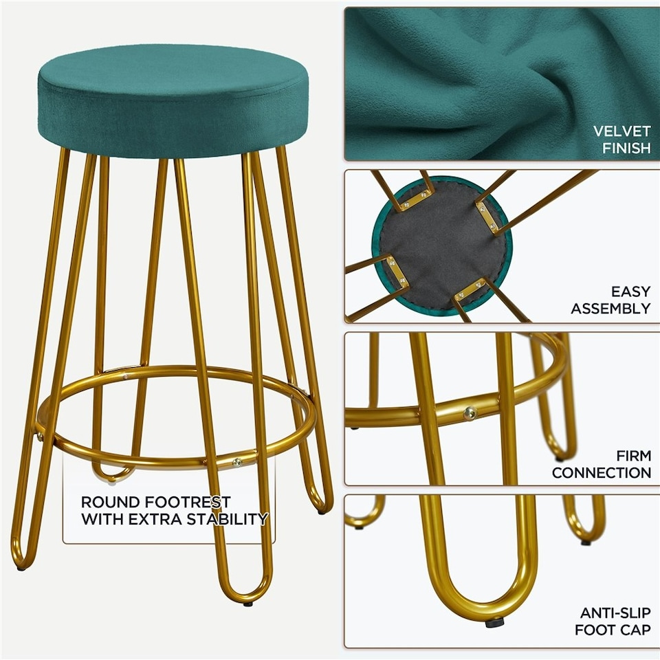 image 1 of Yaheetech 67 cm Tall Upholstered Velvet Counter Stools Blue | Peacock Blue