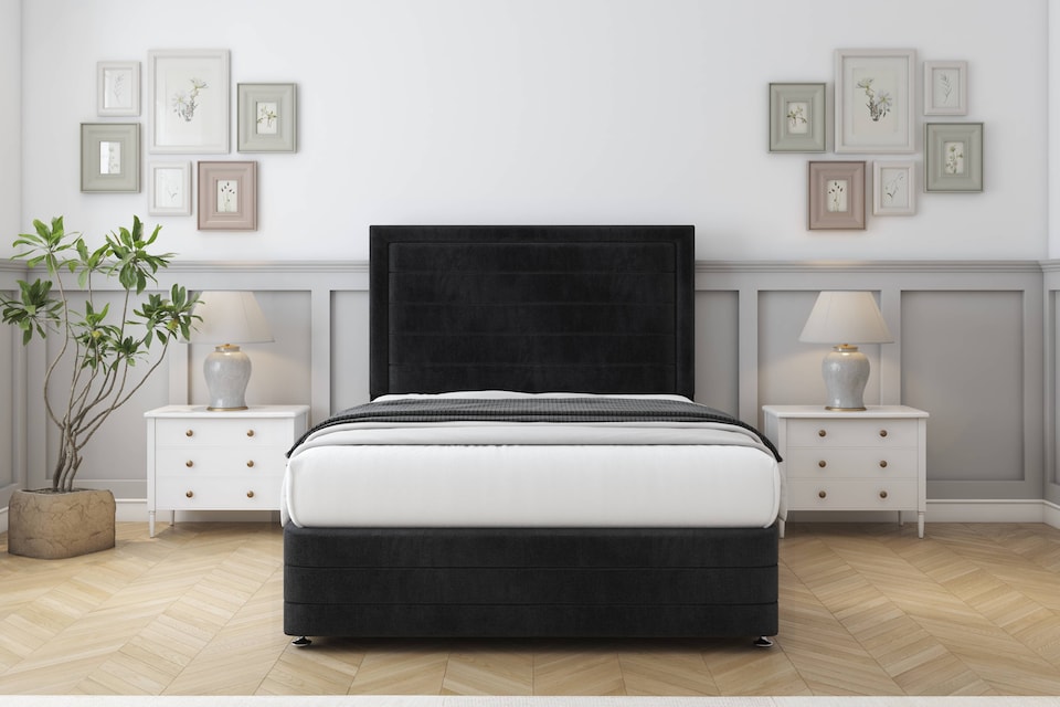 image 1 of Sloomy Ashford Black Naples Divan Bed Base 2 Drawers Left Side With 54 Inch Floor Standing Headboard & 12 Inch Matching Footboard | Black | Black | Single | 1
