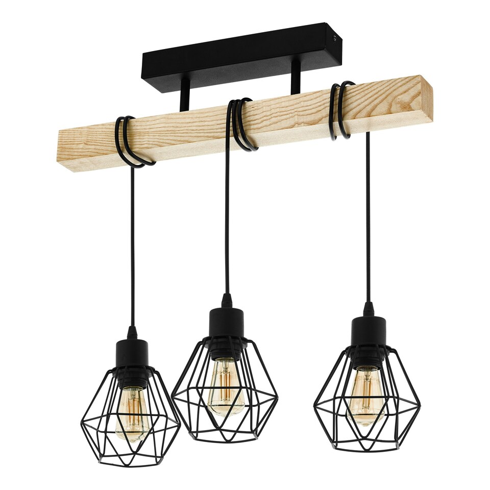 image 1 of EGLO Townshend 5 Black/Natural Wood 3-Light Ceiling Pendant, Semi-Flush Industrial Style