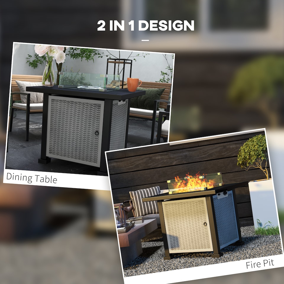 image 1 of Outsunny Square Propane Gas Fire Pit Table, 50000 BTU Rattan Smokeless Firepit Patio Heater with Glass Screen, Glass Beads and Lid, 81cm x 81cm x 64cm, Grey