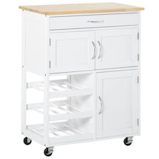 HOMCOM Rolling Kitchen Island Trolley Storage Cart w/ Rubberwood Top, White
