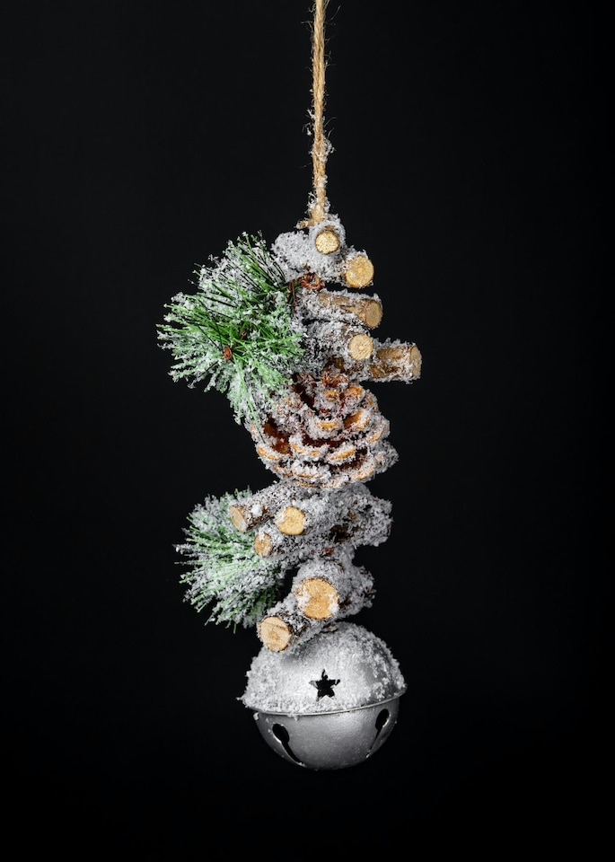 image 1 of Hanging Decoration with Jingle Bells Wooden Sticks, Berries and Pinecones Christmas Home Wall Door 33cm Silver