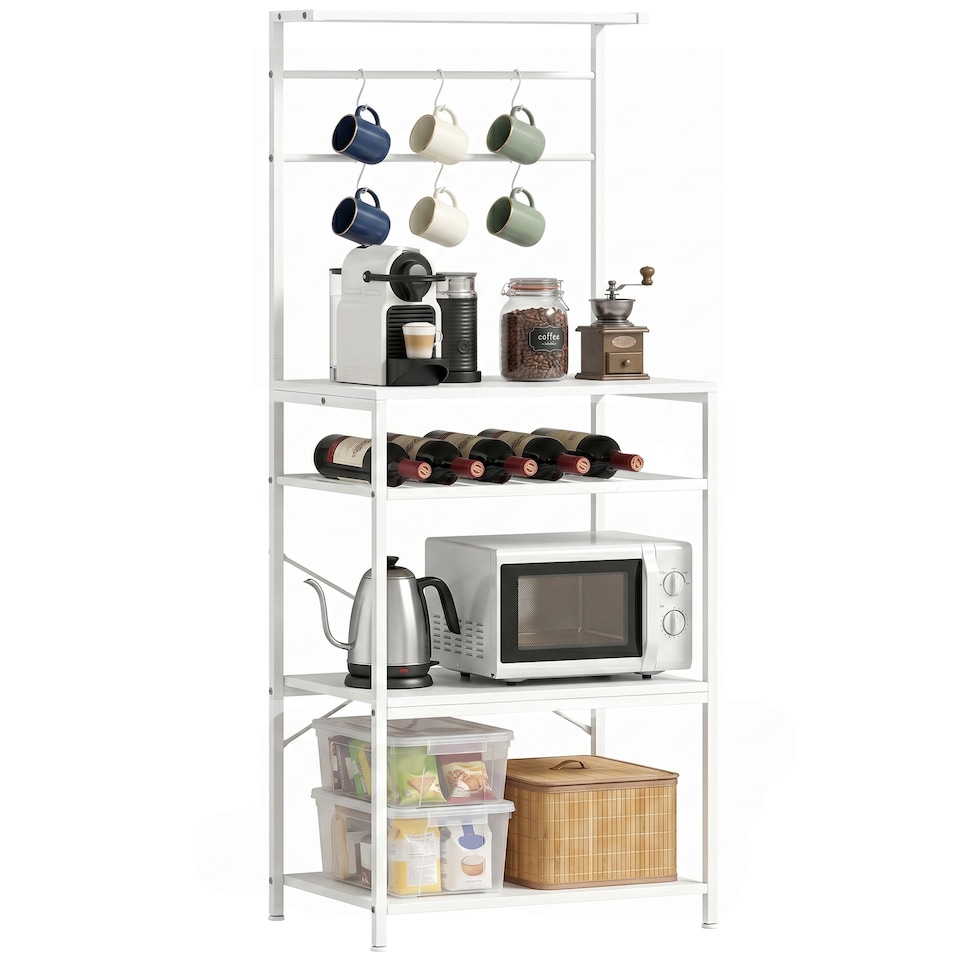 image 1 of HOMCOM Freestanding Shelving Unit with 6 Hooks and Wine Rack