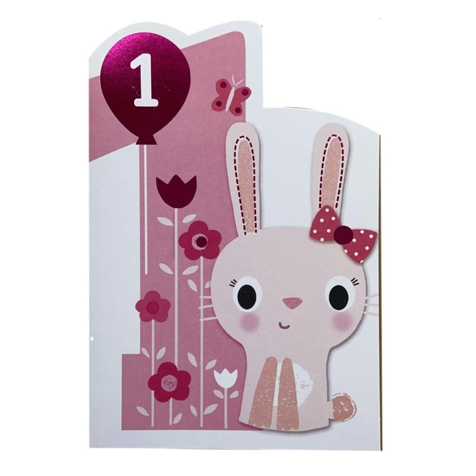 image 1 of Age 1 Cute Bunny Die Cut Design Girl First Birthday Card