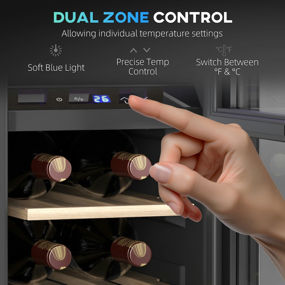 image 1 of HOMCOM 16 Bottle Dual Zone Built-in Wine Cooler Fridge with Glass Door