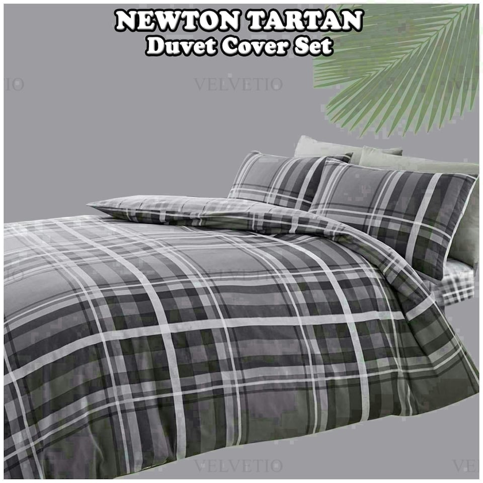 image 1 of Newton Tartan Check Duvet Cover Set Reversible Polycotton Beddings Grey | King