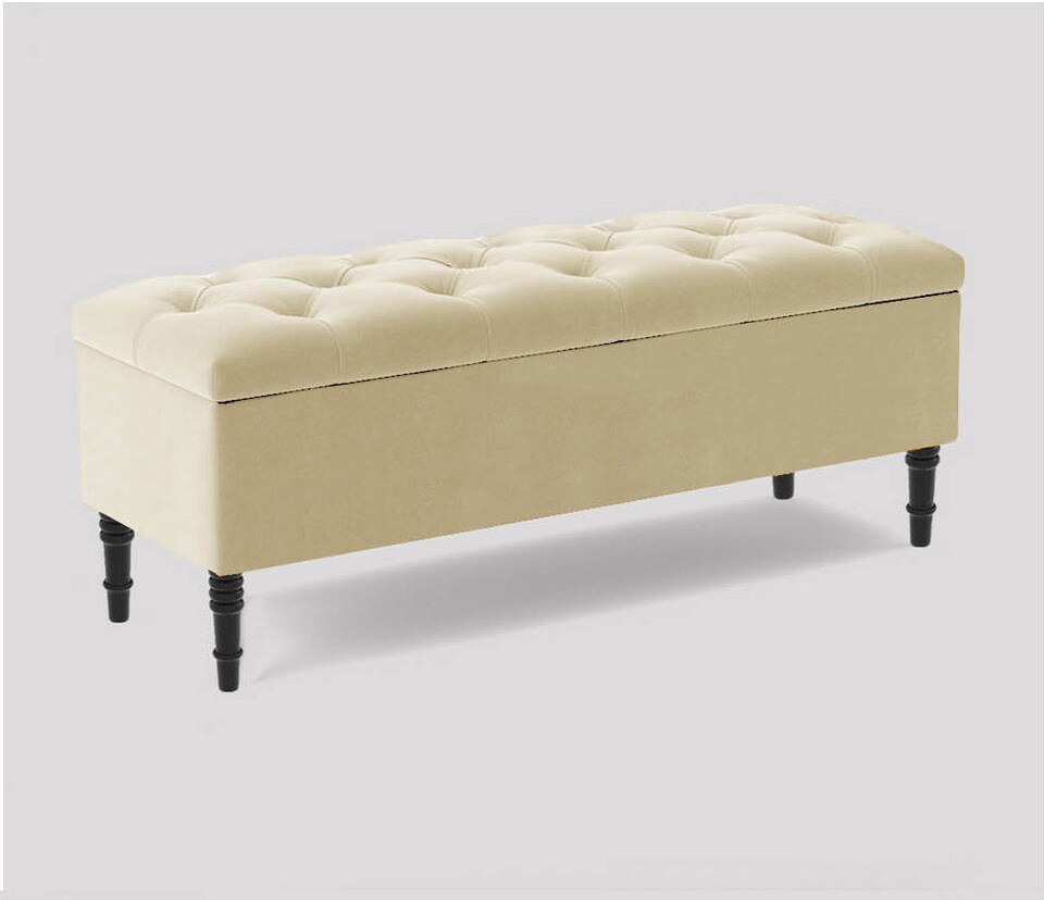 image 1 of 180cm Swiss Chesterfield Ottoman Storage Bench- Plush Velvet Shoe Bench - Cream Upholstery Footstool with Storage