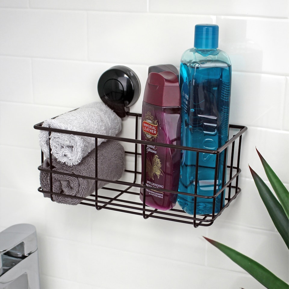 image 1 of Showerdrape Suctionloc Black Suction Wall Mounted Bottle Basket with Mounting Discs | Black | 1