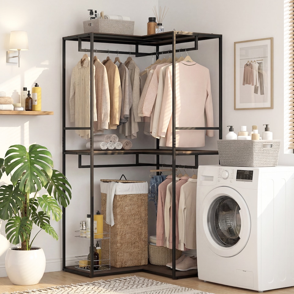 Coat Riac 2M L-shaped Coat Rack, Coat Stand with 3 Shelves & 4 Rails, Wooden ...