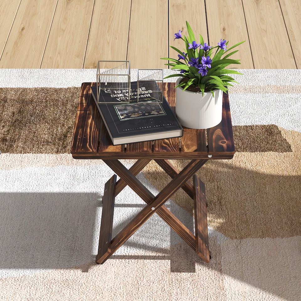 image 1 of Outsunny Wooden Folding Garden Table, Folding Side Table | Brown | Carbonised finish | 43 x 40 x 40 cm