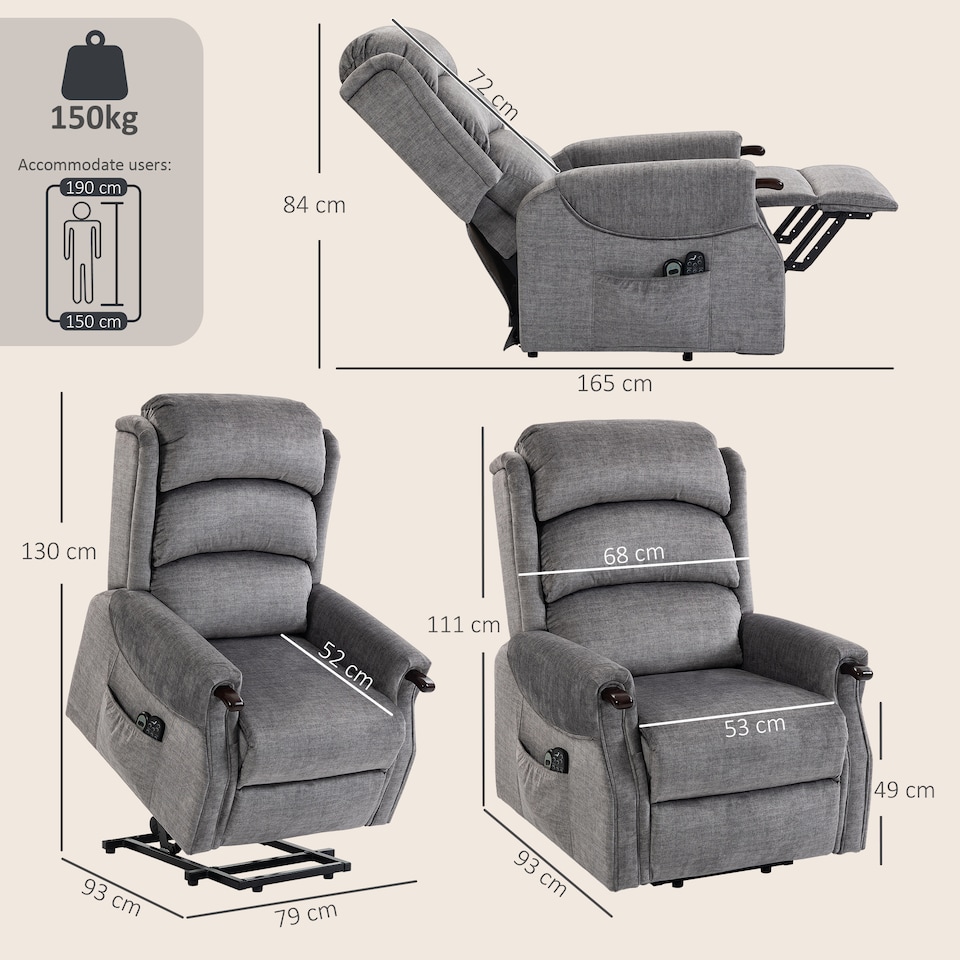 image 1 of HOMCOM Power Lift Recliner Chair with Vibration and Heat, Wood Grip