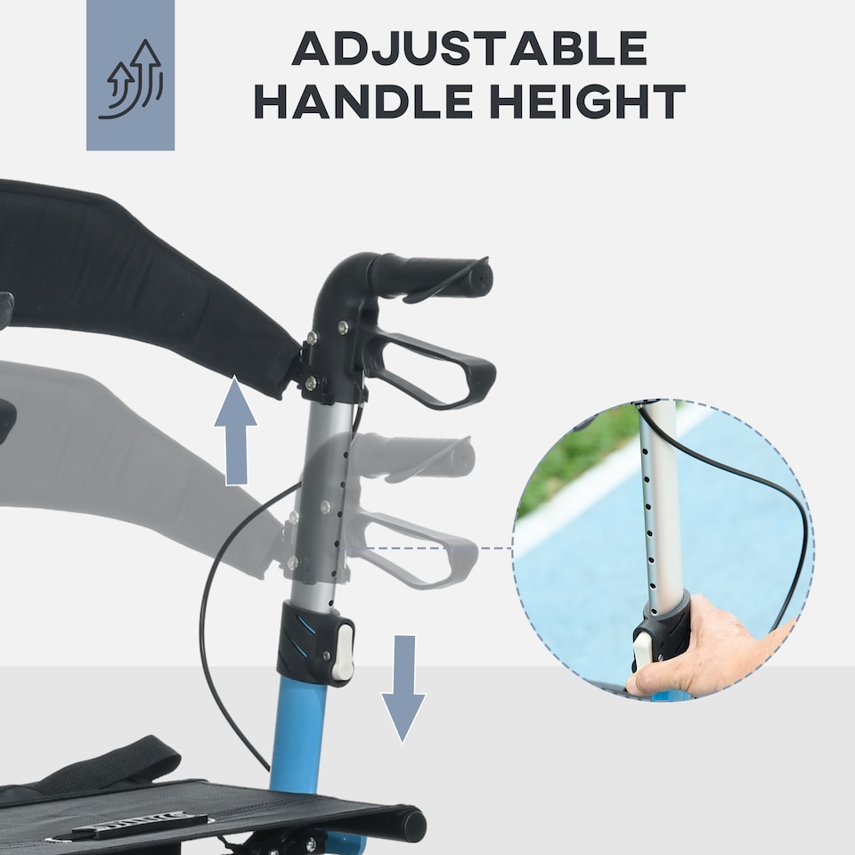 image 1 of HOMCOM 4 Wheel Rollator with Seat and Back, Lightweight Folding Mobility Walker with Large Wheels, Carry Bag, Adjustable Height, Aluminium Walking Frame with Dual Brakes for Seniors, Blue