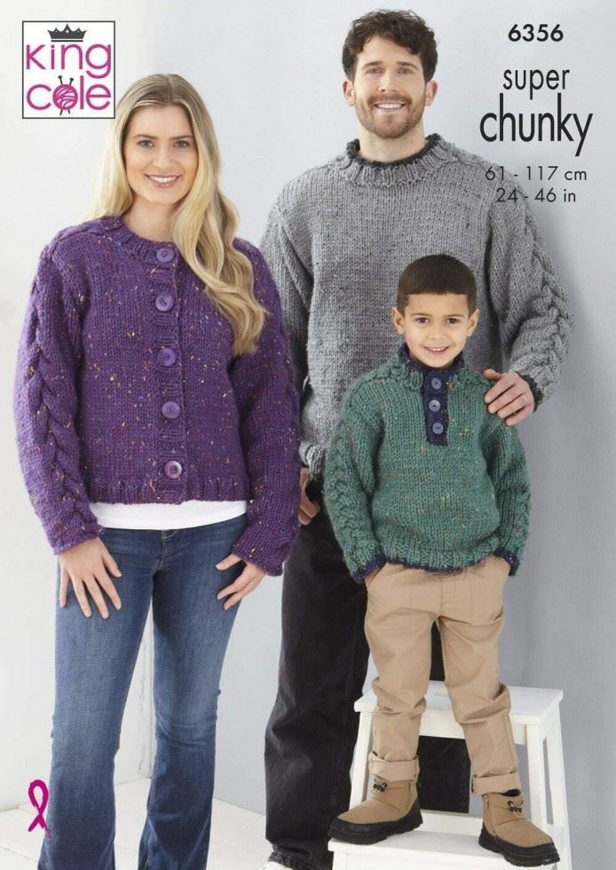 King Cole Big Value Super Chunky Tweed Knitting Pattern 6356, Sweaters and Cardigans for Kids, Teenagers, Men and Women - 24 - 46 Inches