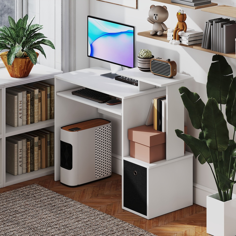 image 1 of HOMCOM Computer Desk with Sliding Keyboard Tray Storage Drawer Shelf Home Office Workstation White